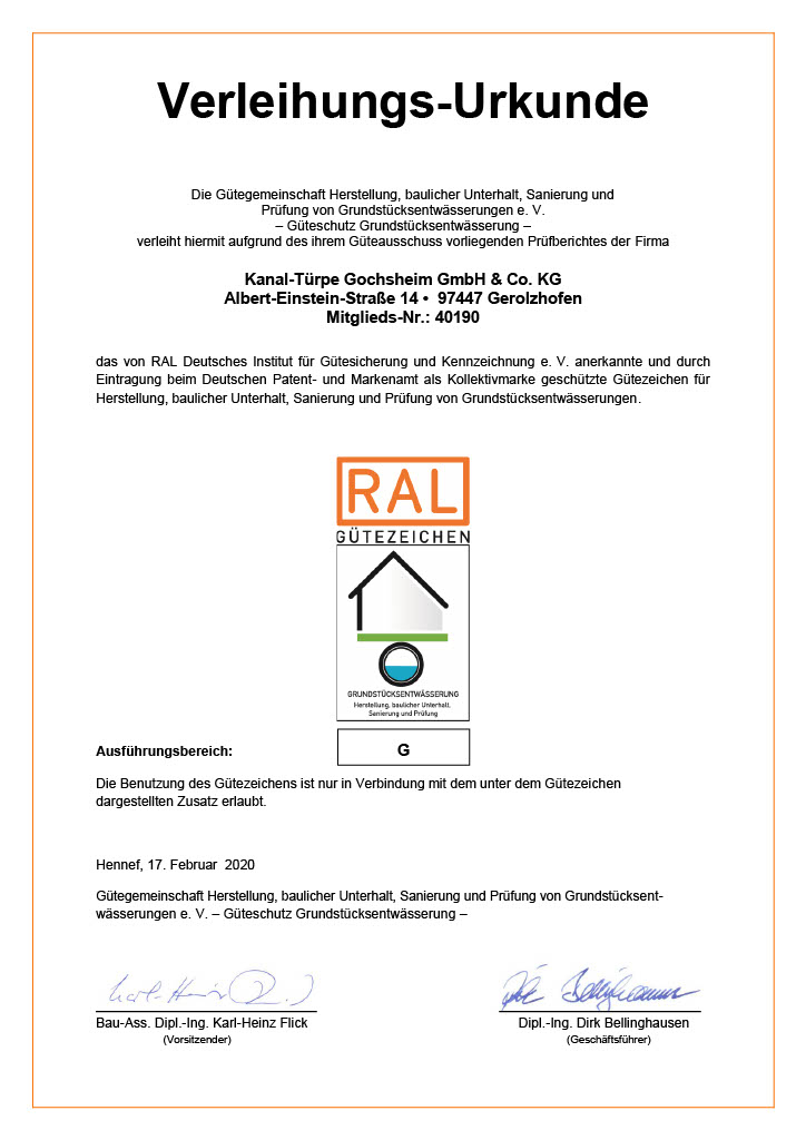 Gütezeichen Grundstücksentwässerung